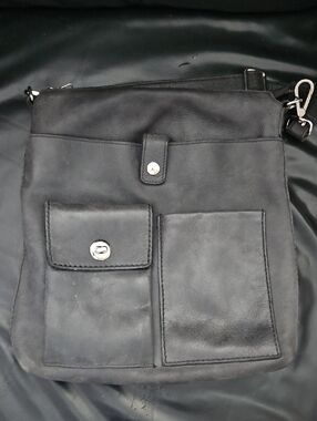 Roots The Villager Tribe 100% Leather Crossbody Charcoal Bag  Slim Front Pockets